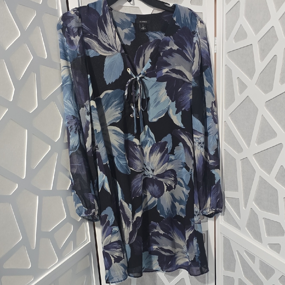 Halogen Black Blue Floral Lace Up Tie-Neck Long Sleeve Dres Mini Nordstrom